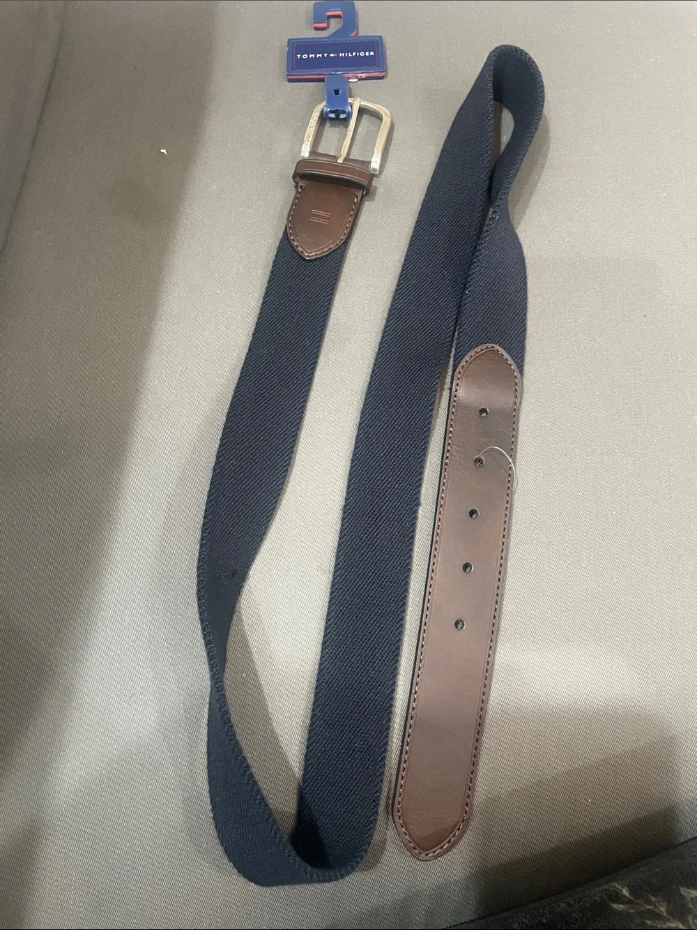 Tommy Hilfiger Navy Webbing Belt with Brown Leather Trim